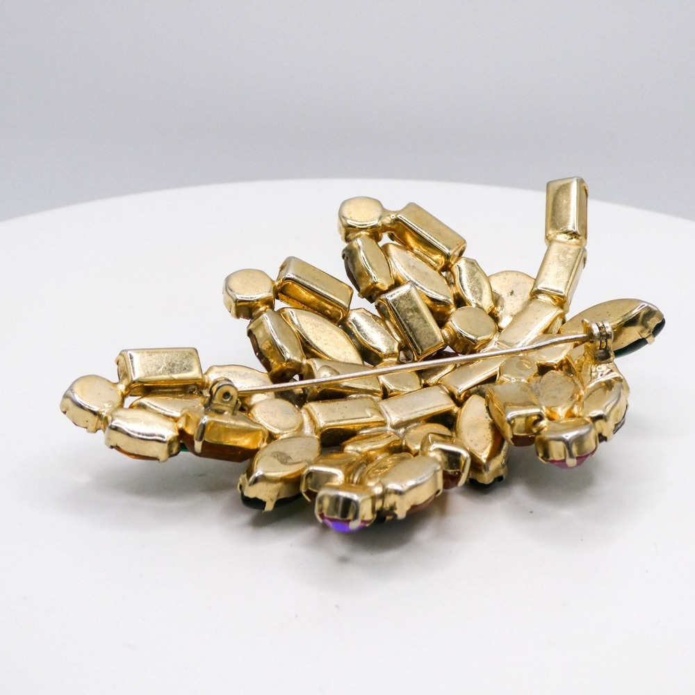 Vintage Rhinestone Leaf Extra Large 3.3" Gold & Green Statement Brooch Pin - Picture 9 of 12